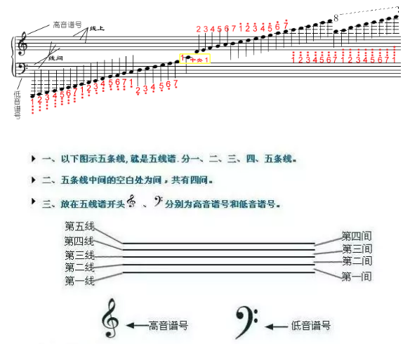 第三间,高音"哆"(do)(小字二组的1),中间隔着四个间;五线谱,五条线